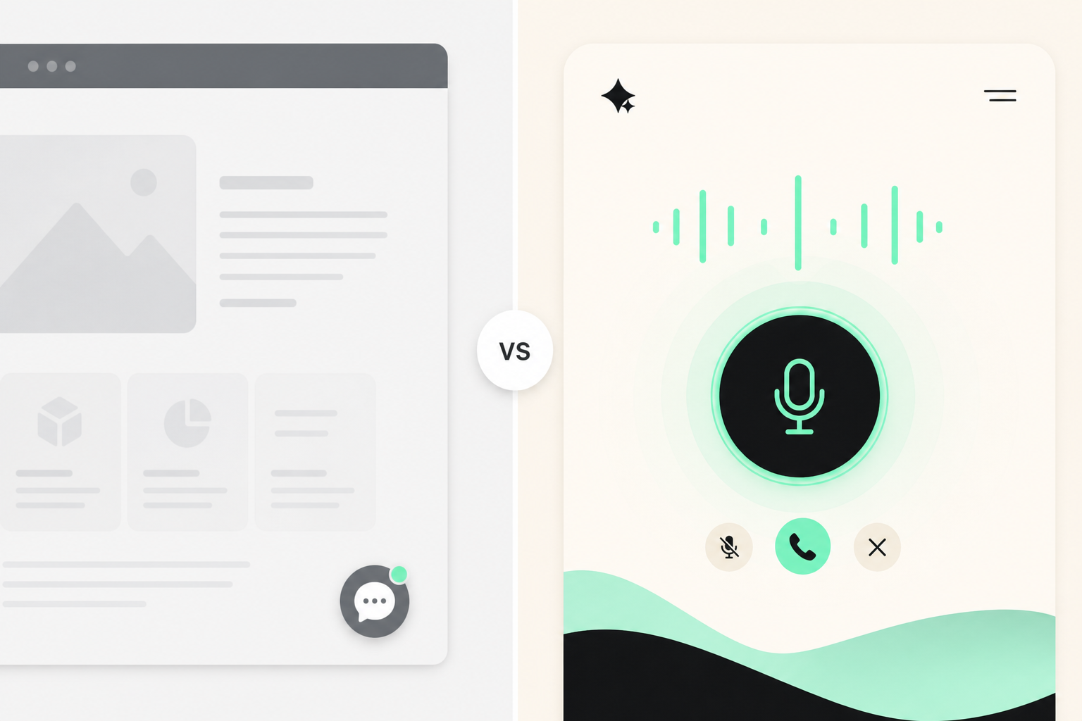 Visual comparison of corner chatbot bubble versus homepage voice call interface