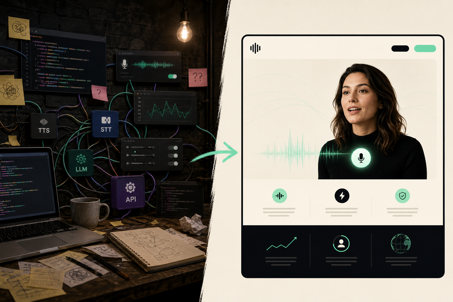 Comparison of messy DIY voice AI setup versus polished done-for-you homepage voice