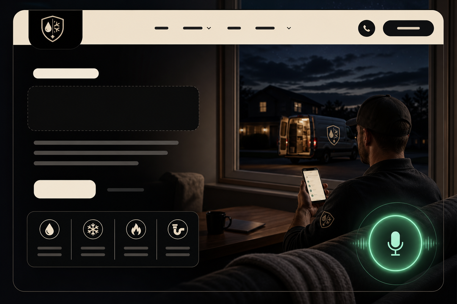 Local service business homepage at night with live voice for emergency quote requests